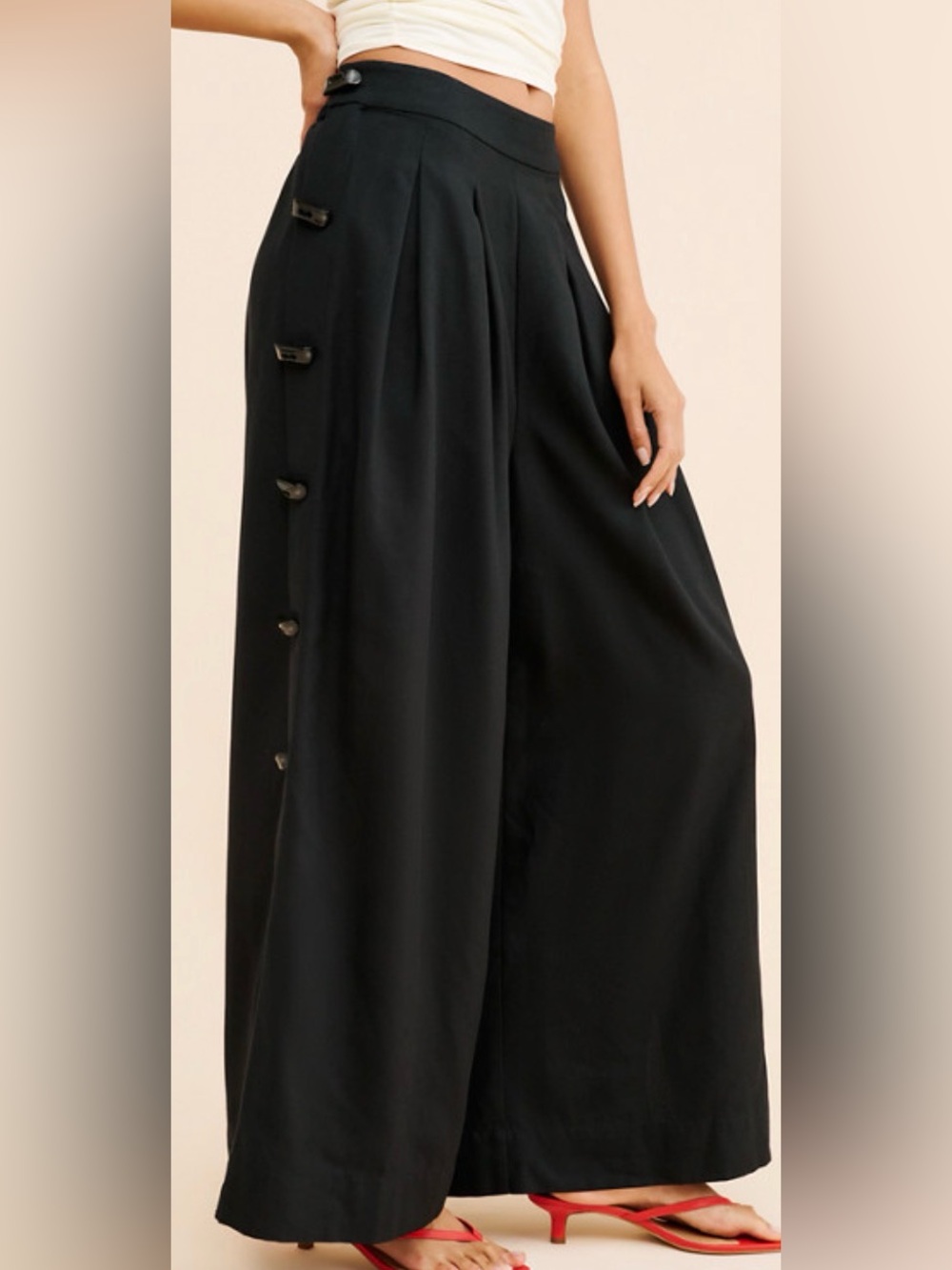 Farm Rio Pleated Wide-Leg Button Black Pants - Size Small - CURRENT ON WEBSITE